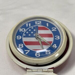 Vintage Linden Folding‎ Travel Alarm Patriotic USA Flag Wind Up Clock